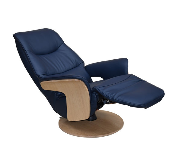 Swivel recliner in full nay blue leather showing the open position