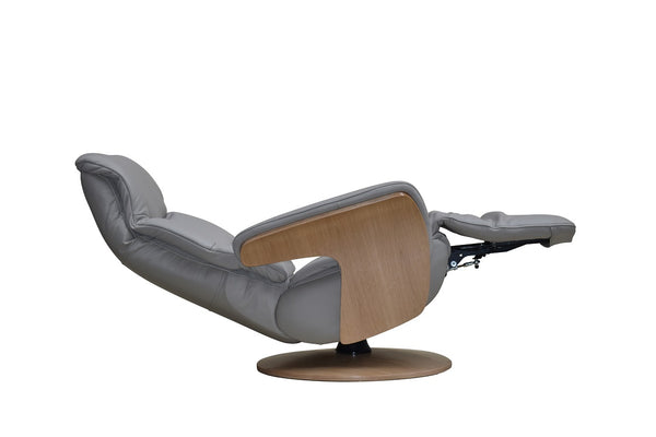 Swivel recliner chair in pale grey full leather in the open position