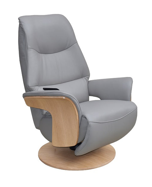 Swivel recliner chair in pale grey full leather with contrasting light oak wooden outer arms and base