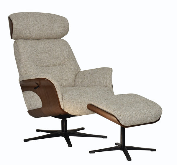 Beige Recliner chair & matching Footstool with wooden outer frame