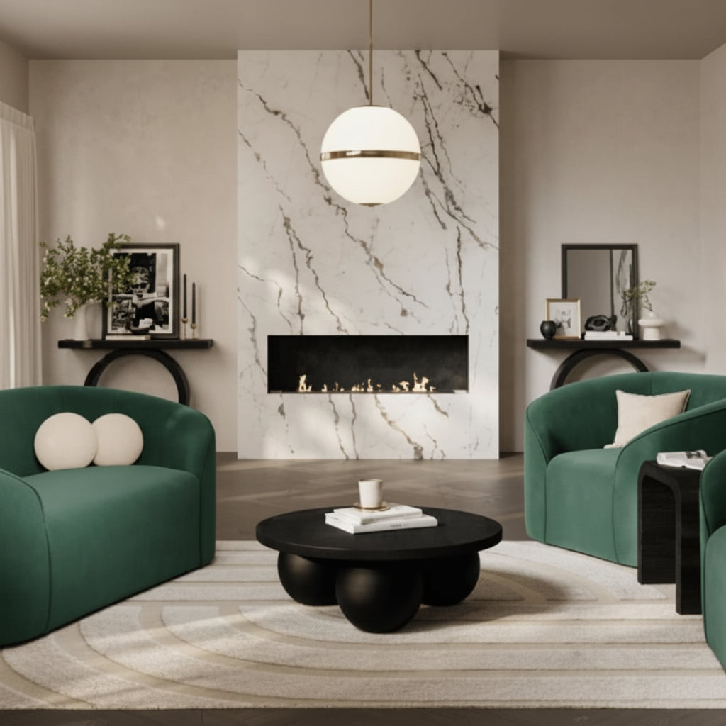 Modern living room with green chairs, black coffee table, and marble fireplace.