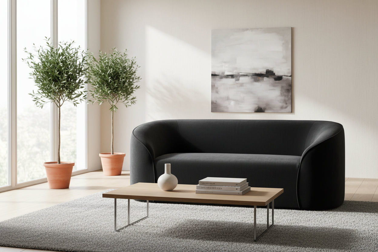 Black curved sofa in a modern room setting with tall plants and a coffee table with a picture on the wall
