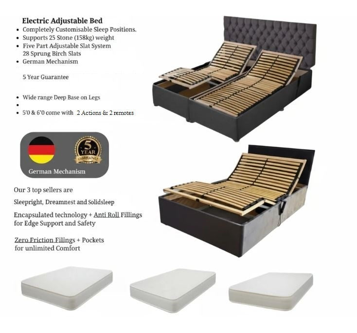 Electric adjustable bed with features listed on a white background