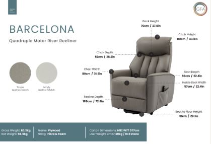 Barcelona lift and rise recliner chair dimensions and spec sheet