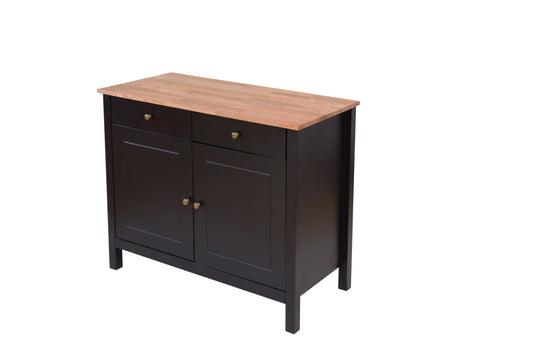 Black two door & two drawer cabinet with oiled wooden top 
