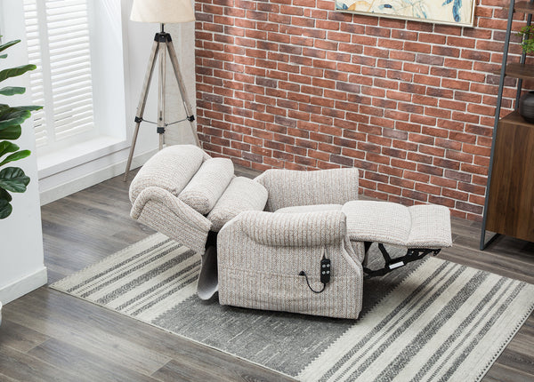 Lincoln lift and rise recliner Wheat fabric fully reclined